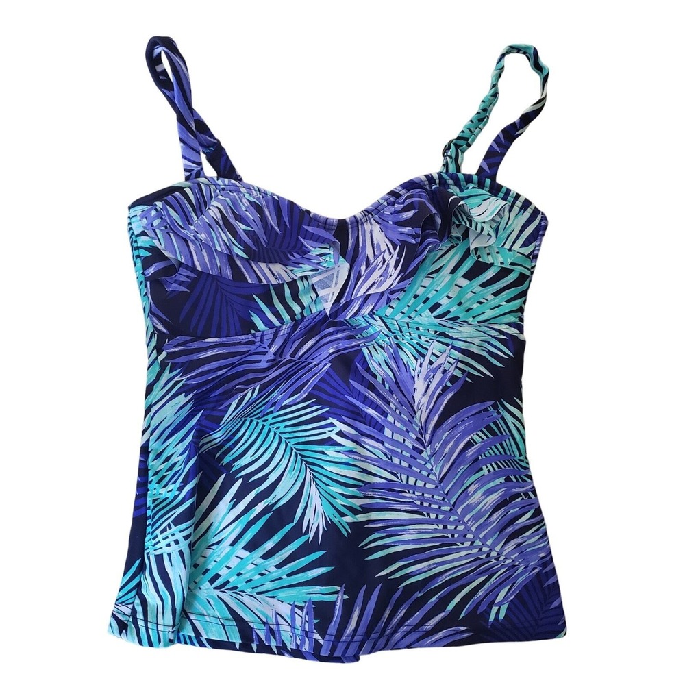 Island‎ Iscape Womens Tankini Swim Top Size 6 Blue Purple Palm Leaf Print Ruffle